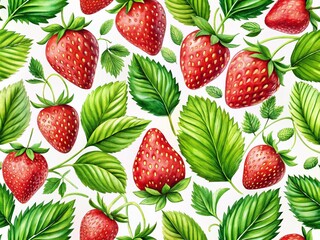 Summer Berries Pattern with Ripe Red Strawberries and Green Leaves for Print Design