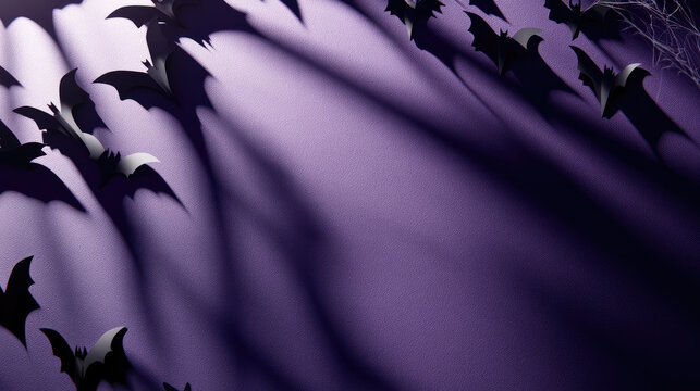 Paper bats cut out and placed on a purple background, with shadows casting a spooky effect, and a few cobwebs for a classic Halloween look --chaos - Powered by Adobe