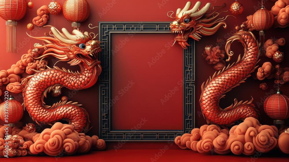 Wall mural vibrant chinese new year scene featuring two ornate dragons, surrounded by red lanterns and decorati