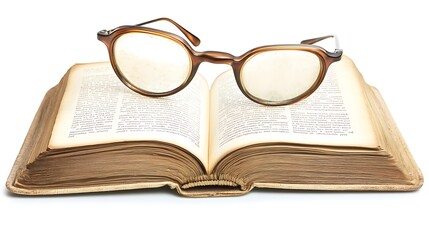 Obraz premium An open book with a pair of reading glasses resting on top, set against a white background