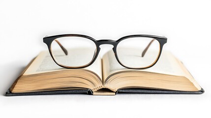 An open book with a pair of reading glasses resting on top, set against a white background