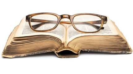 An open book with a pair of reading glasses resting on top, set against a white background