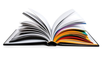 Large coffee table book lying open to a page with bright photography, isolated on a white background