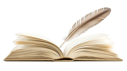 Fototapeta premium Open book with a feather quill resting on the pages, set against a white background