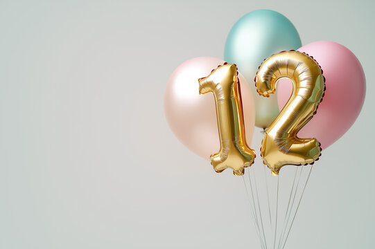 Gold number 12 foil balloon with pastel pink and blue balloons for twelfth birthday party celebration, event decoration, or festive design with a minimal and elegant style