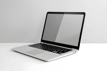 Horizontal banner. Laptop with blank screen isolated on white background, white aluminium body. Whole in focus. High detailed. Template, mockup.