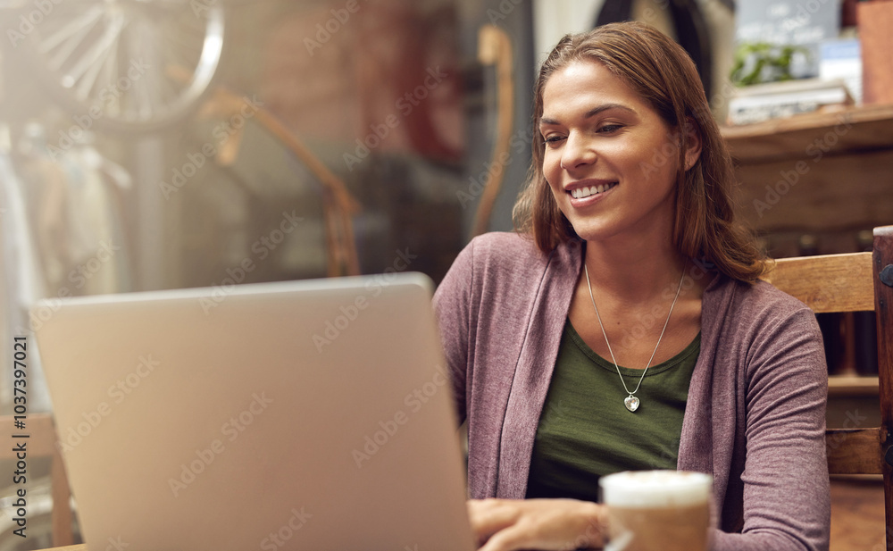 Poster Woman, laptop and work in coffee shop of bike repair store with internet search and email. Morning, computer and small business owner with digital, cafe and website update for online company page