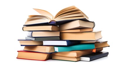 A pile of academic books with notes sticking out from the pages, isolated on a white background