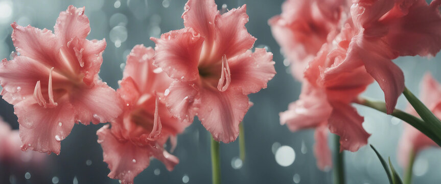 Gladiolus flower in drops of water close-up copy space
