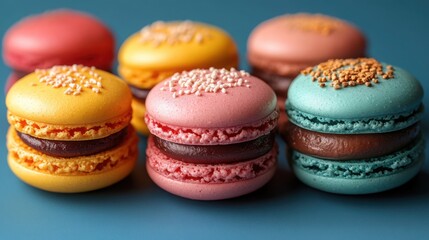 Obraz premium A Delightful Display of Colorful Macarons on a Vibrant Blue Background Perfect for Celebration Invitations and Sweet Treat Promotions