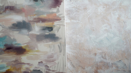 Modern art. Closeup view of two expressive abstract paintings with beautiful brushwork texture and colors	
