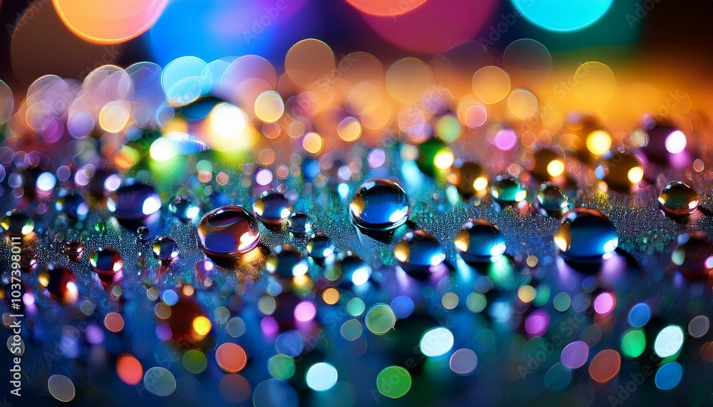 Wall mural macro view of water droplets with multicolored bokeh lights