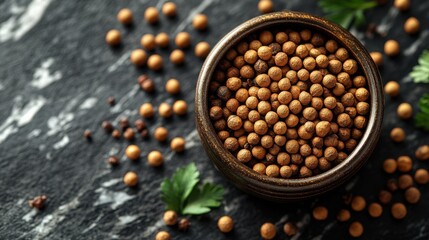 Coriander Seeds in Spice Tin on Dark Marble Background: A Beautiful and Usable Culinary Image for Foodies and Chefs