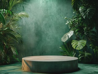 Minimalist Round Table Surrounded by Lush Tropical Foliage, Beauty Cosmetic Health Supplement product placement pedestal display