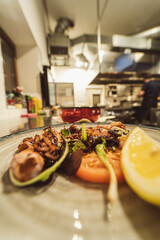 A beautifully arranged platter of grilled meats. Perfect for steakhouse menus or restaurant advertisements.