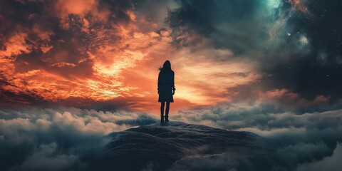 Obraz premium A silhouetted person stands beneath a fiery, dramatic sky.