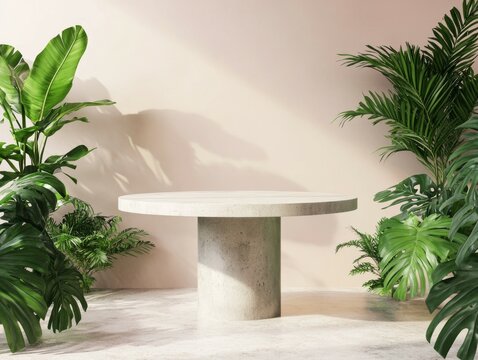 Nature-Inspired Minimalist Table with Tropical Greenery, Beauty Cosmetic Health Supplement product placement pedestal display