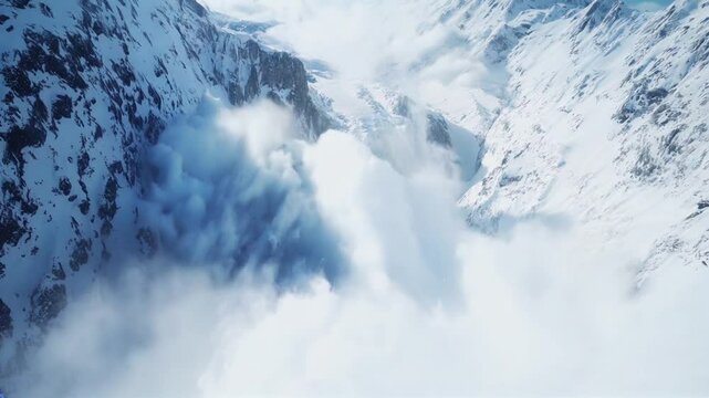 The footage shows a massive amount of snow beginning to slide down from a snowy mountain, an avalanche triggered by rapid melting or shifting of the snow, heading toward the base of the mountain