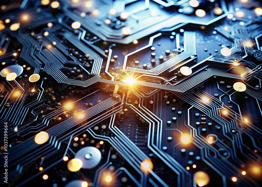 Poster surreal technology circuit board concept with black connections and abstract patterns for high tech 