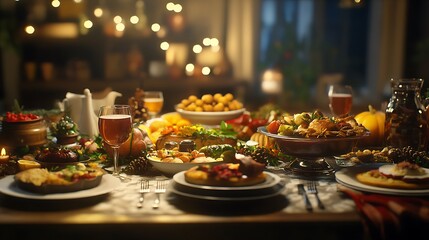 Naklejka premium A joyful Thanksgiving dinner with family toasting around a table filled with festive dishes and desserts.