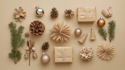 Fototapeta premium Zero waste Christmas holiday concept showcased with festive ornaments gifts wrapped in craft paper flowers all elegantly arranged on a beige background for a flat lay copy space image