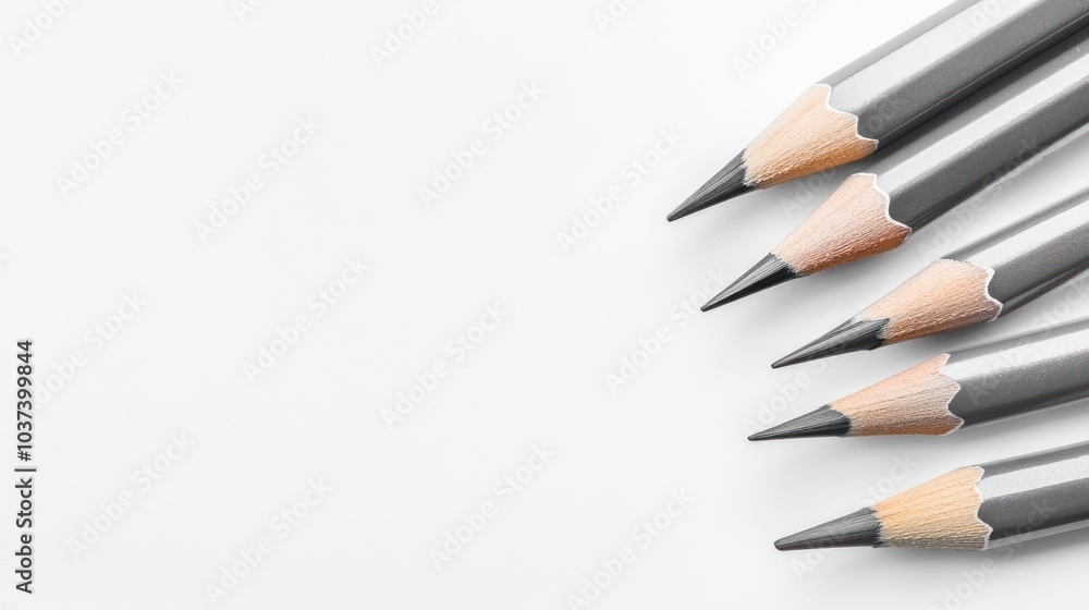 Poster a close-up of sharpened pencils arranged in a row on a white background.