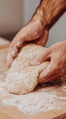 Hands kneading pizza dough with flour scattered on a rustic wooden table in a cozy kitchen, capturing culinary creativity and tradition