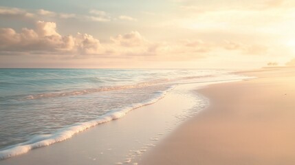 sandy beach at sunset, light blue and white colors