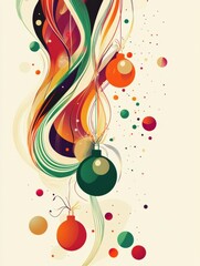 This vibrant artwork features abstract Christmas ornaments suspended amidst swirling colors and playful circles, evoking holiday cheer. Generative AI
