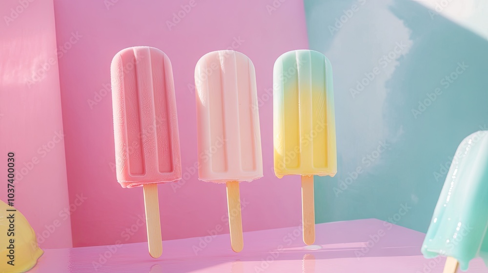 Wall mural colorful ice cream popsicles melting under the summer sun on a bright table