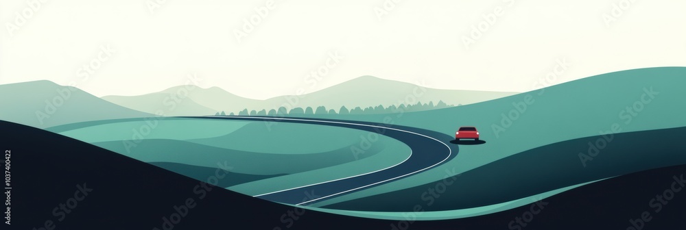 Poster a compact car journeys along a curving road, surrounded by undulating hills under a clear sky, creat