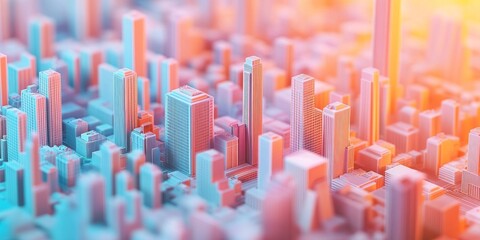 Modern city buildings with abstract shapes, drawn in 3D