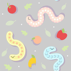 cute pastel worm and fruit seamless pattern design background