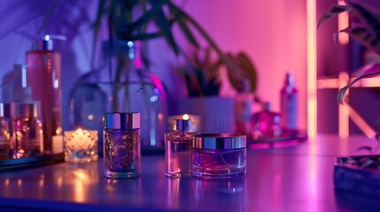An amount of fragrances placed on a desk with a purple backdrop