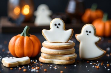 Halloween cookies in the form of pumpkins, ghosts, skeletons, bats on a black wooden table, handmade