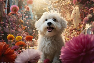 A fluffy dog plays joyfully among a stunning array of flowers in a beautifully colorful garden radiating happiness in the warm spring sunlight