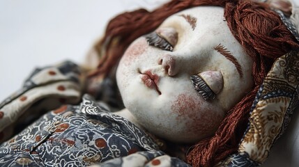 Handmade cloth doll with unique facial features and patterned clothing, set on a white background