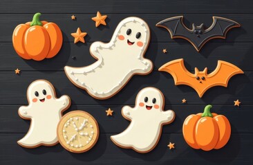 Fototapeta premium Halloween cookies in the form of pumpkins, ghosts, skeletons, bats on a black wooden table, handmade
