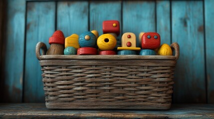 A woven basket filled with colorful wooden blocks and shapes, ideal for children's play and learning.