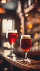 Obraz premium Sparkling beers served at the wooden bar of a brewpub Decorated pub for a Halloween Used for Hallowe