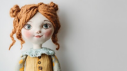 Vintage cloth doll with sewn clothing and yarn hair, isolated on a white background