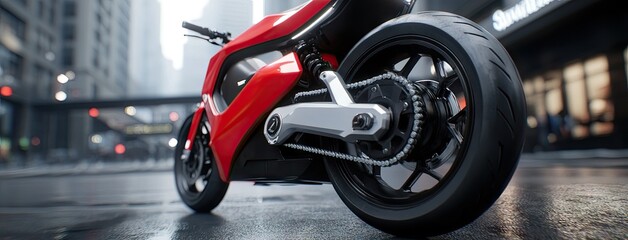 Obraz premium Close-up detail of the enticing chain and rear wheel on an electric motorcycle in an urban environment