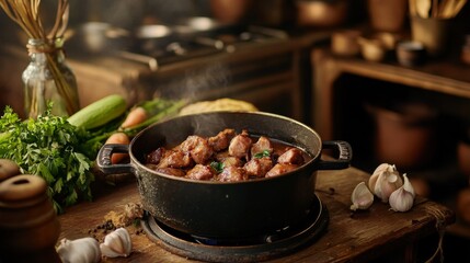 Rustic Kitchen Cooking Delicious Meat Stew