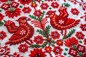 Traditional Karelian Style Embroidery Pattern with Red and White Birds and Flowers for Textile Designs