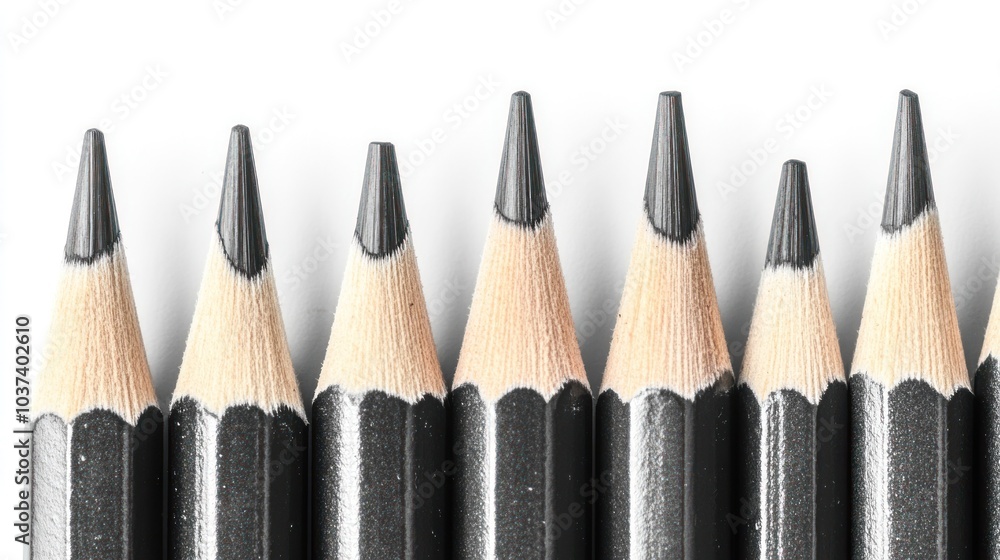 Poster a row of sharpened black pencils arranged neatly against a white background.