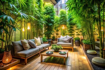 Tranquil Indoor Garden with Bamboo and Cozy Lounge Area for Relaxation and Serenity