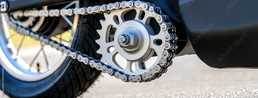 Poster exploring the intricate chrome chain and sprockets of a modern electric motorcycle showcasing sleek 