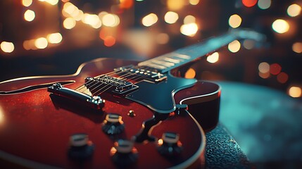 A close-up of a beautiful electric guitar with vibrant lights in the background, creating a warm,...