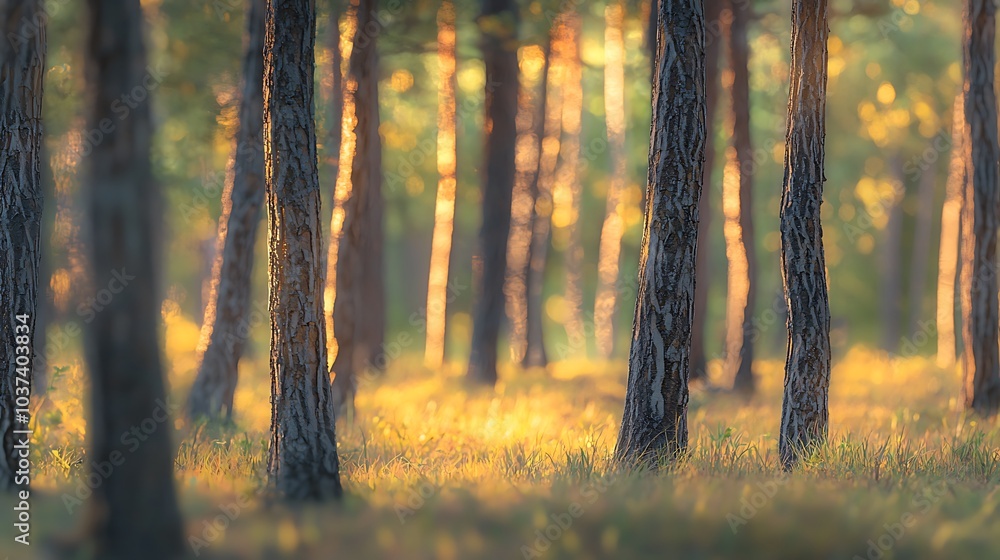 Aufkleber a serene forest scene with sunlight filtering through trees, casting soft light on the forest floor,
