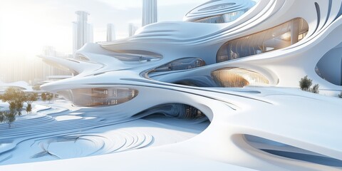 Fototapeta premium Modern city buildings with abstract shapes, drawn in 3D